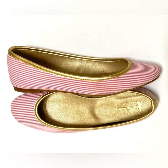 J Peterman Eliza B Love Flats Pink and White Striped Women\'s Flats Gold trim 11